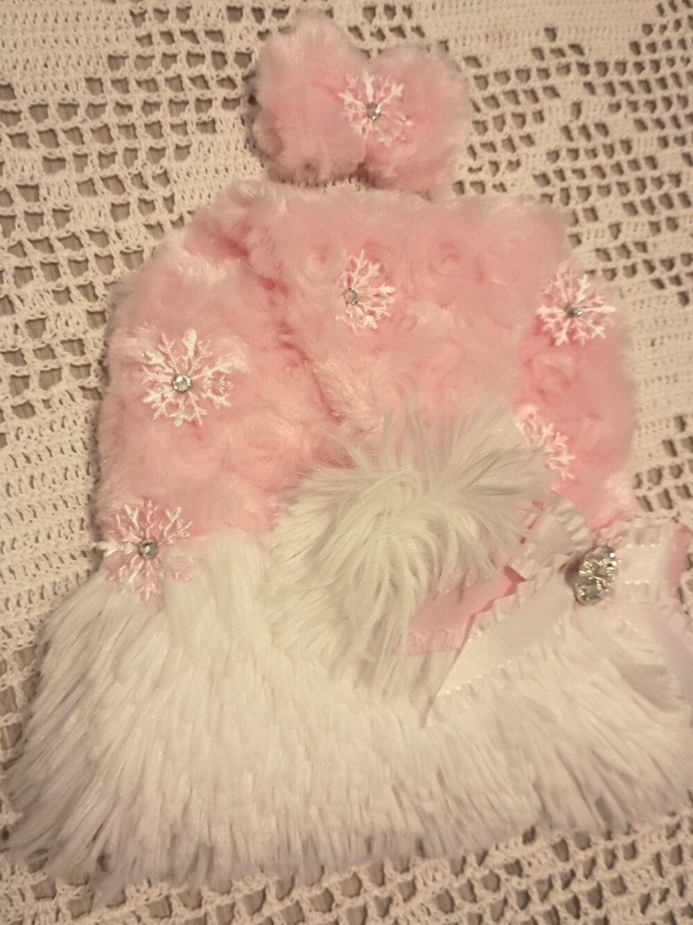 Pink and White Rose Fur XS Dog Harness with Snowflakes and Matching Hair Bow